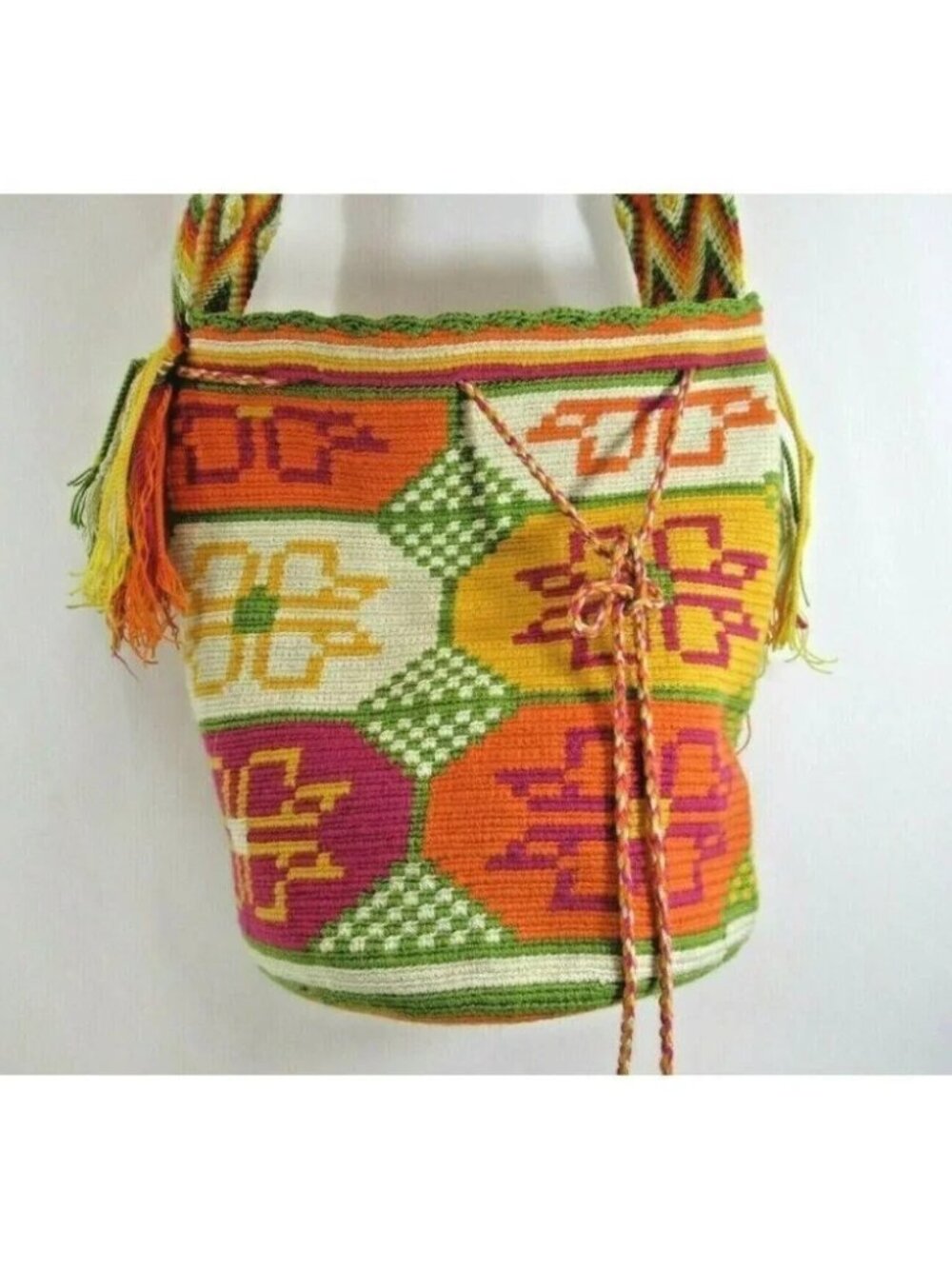 Wayúu Mochila Bag Purse Floral Woven Orange Pink Bucket Boho Colombia